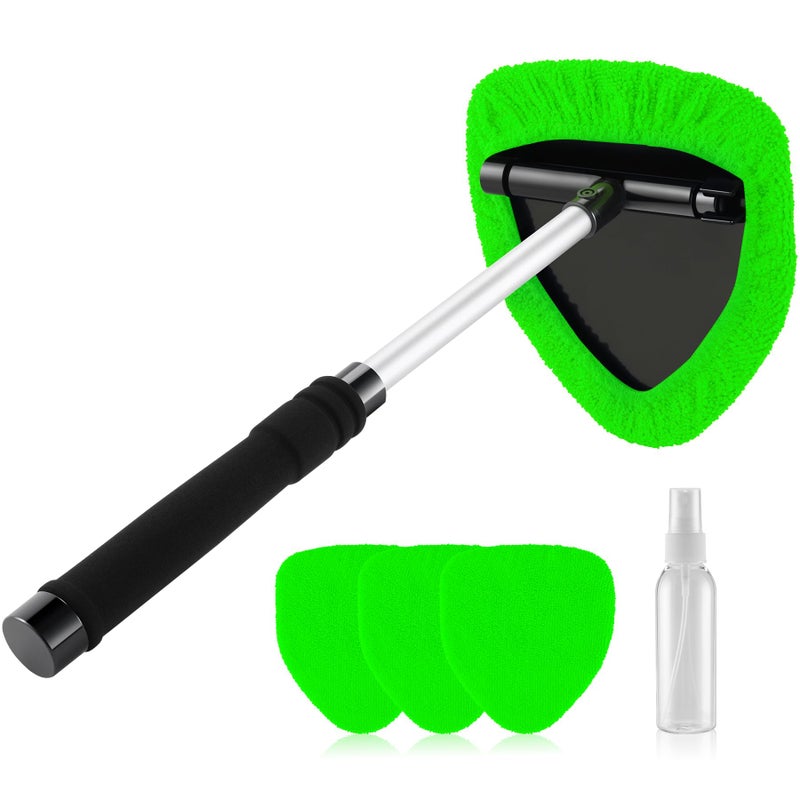 JUSTTOP Windshield Cleaner Tool, Car Interior&Exterior Window Cleaning Tool with Extendable Handle & 4 Reusable Microfiber Pads, Auto Glass Wiper Brush Kit for Cars (Green) - Image 1